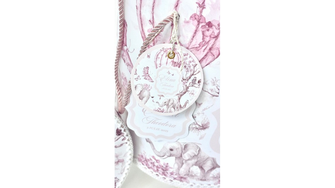 Trusou botez cu animale din jungla si flori exotice roz Toile de Jouy 15